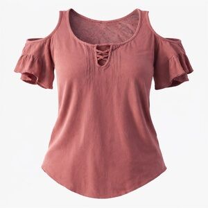 BONGO Boho Cold Shoulder Women’s Large Dusty Rose Lace Back Bell Sleeve Blouse